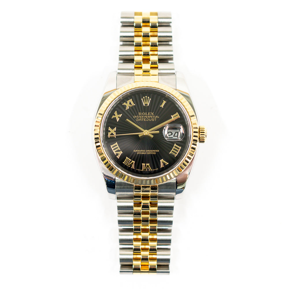 Rolex Datejust 36mm Black Sunbeam Roman Dial 116233 (2007)