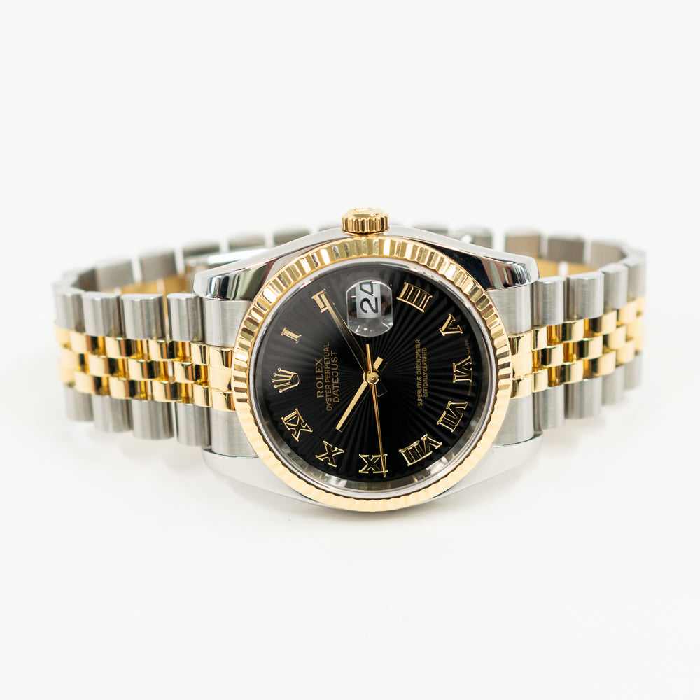 Rolex Datejust 36mm Black Sunbeam Roman Dial 116233 (2007)