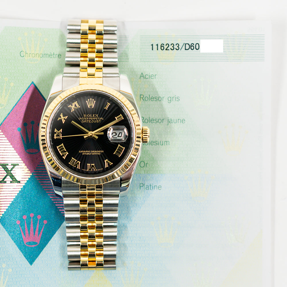 Rolex Datejust 36mm Black Sunbeam Roman Dial 116233 (2007)