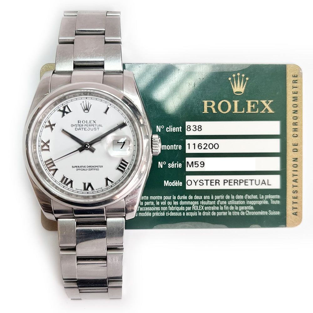 Rolex Datejust 36mm White Roman Dial 116200 (2009)