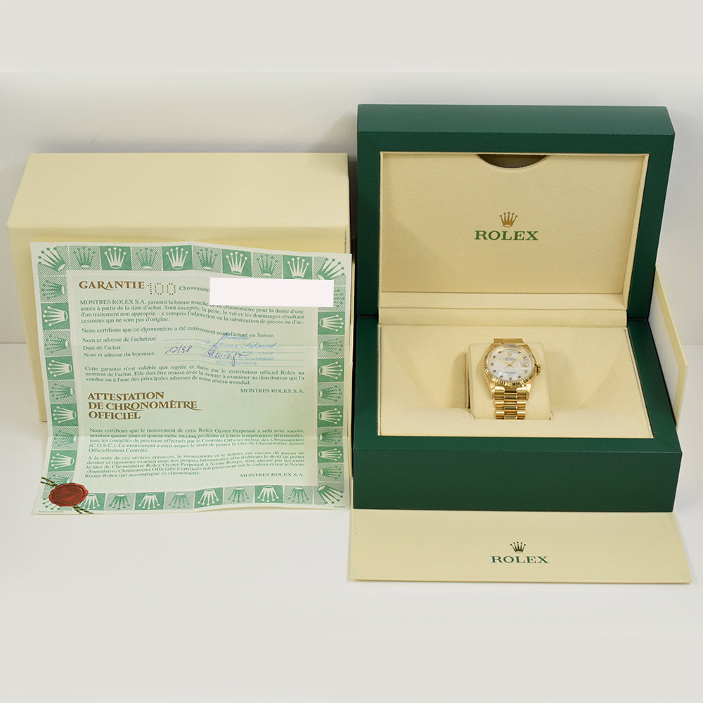 Rolex Day-Date 36mm White Mop Sapphire Dial 18238NGS (1998)