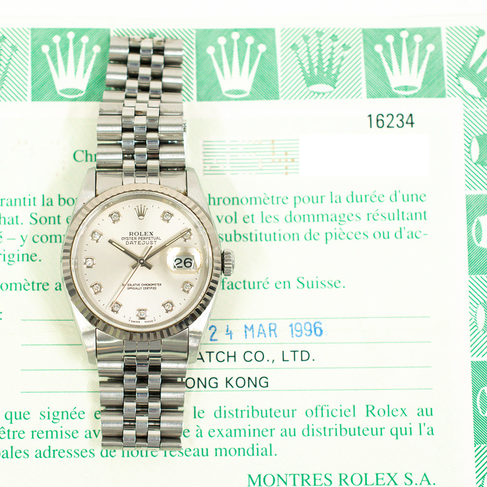 Rolex Datejust 36mm Silver Diamond 16234G (1996)
