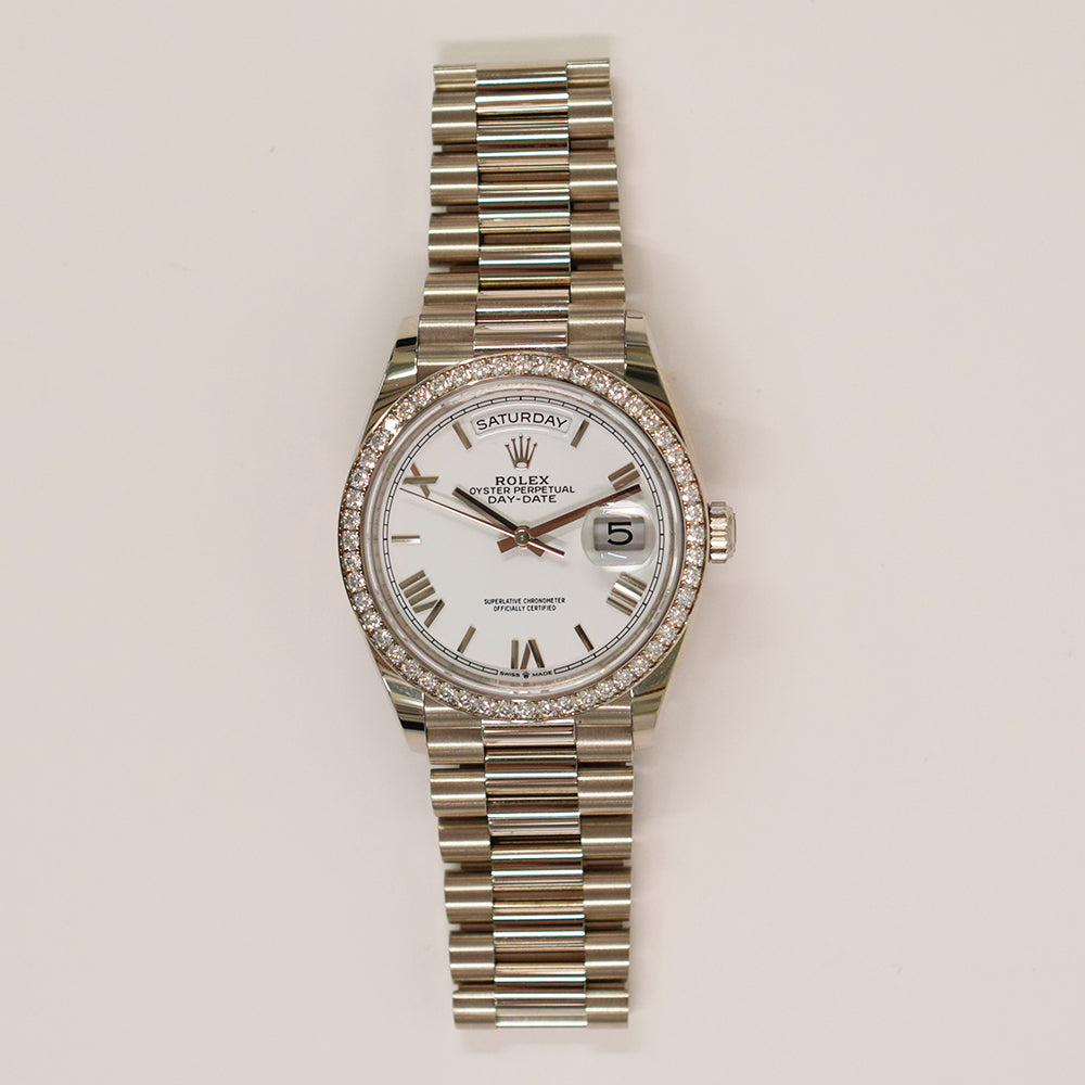 Rolex Day-Date 36mm White Roman Dial 128349RBR (2025)