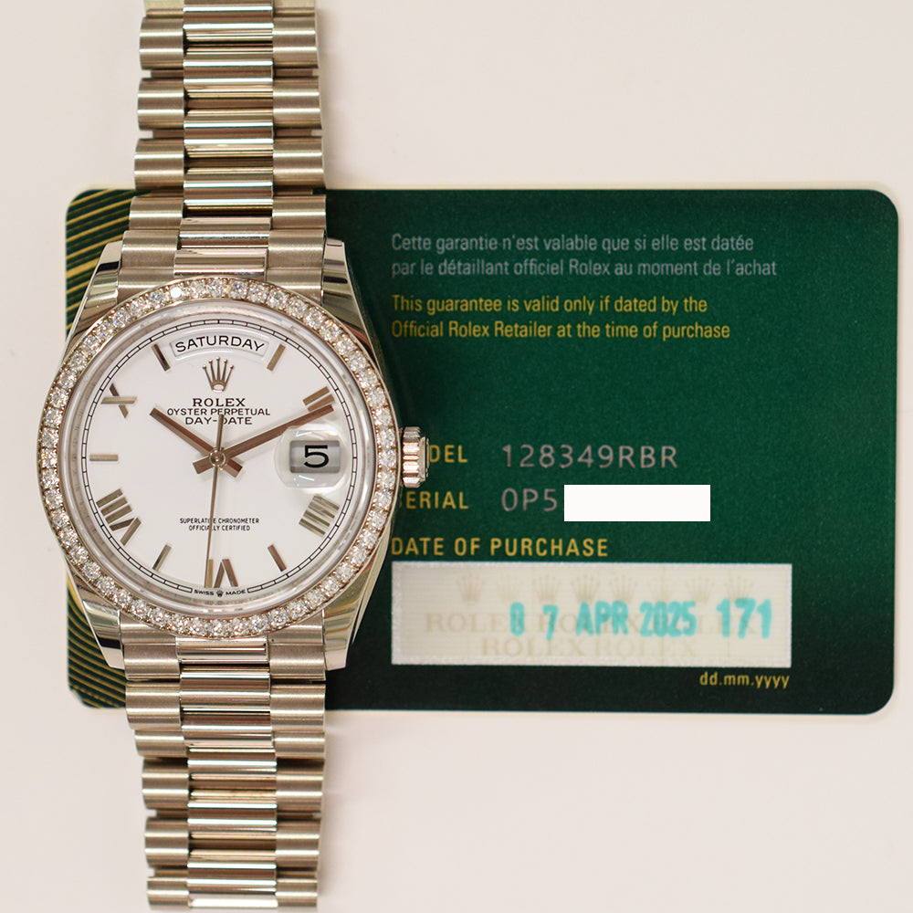 Rolex Day-Date 36mm White Roman Dial 128349RBR (2025)