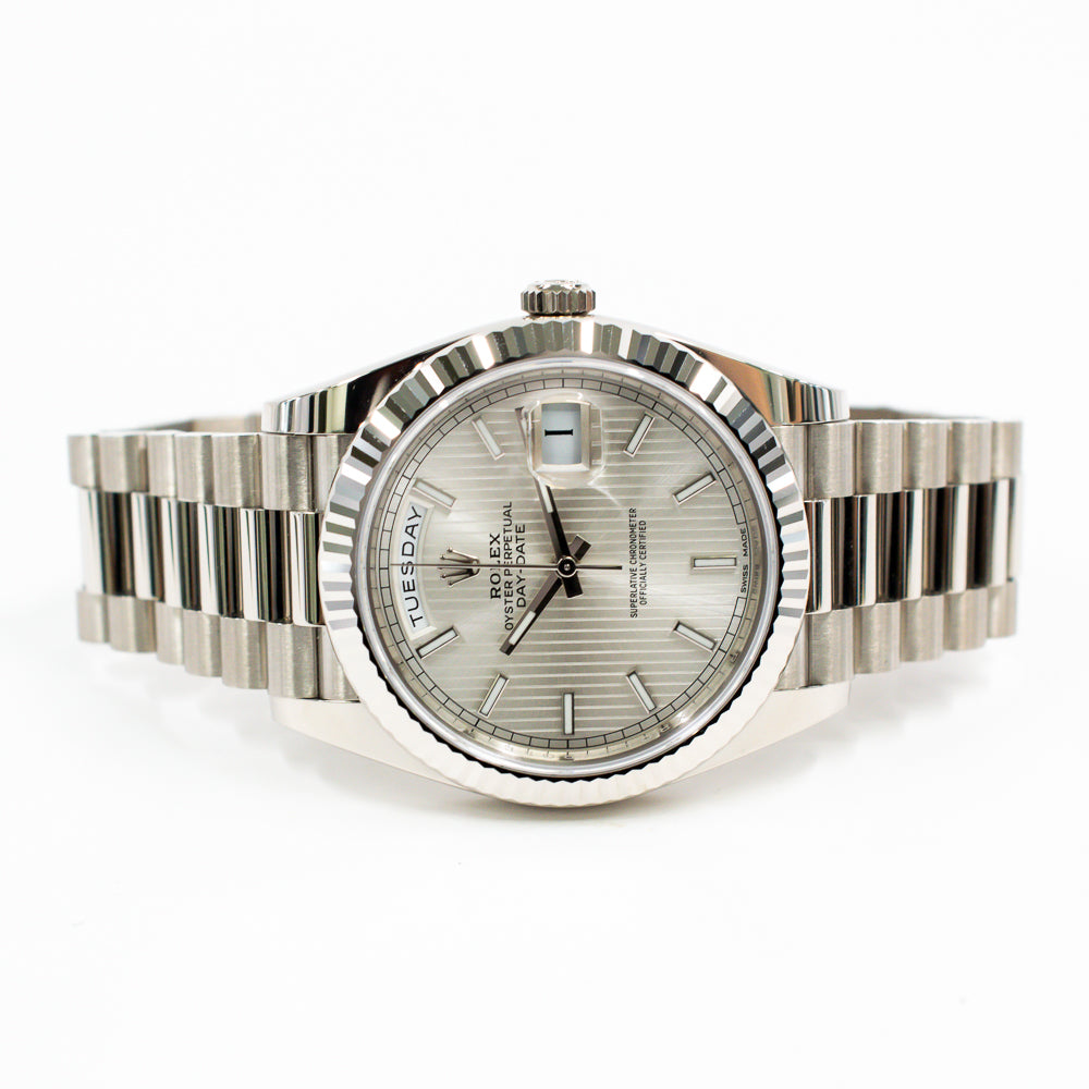 Rolex Day-Date 40mm Silver Stripes Dial 228239 (2021)