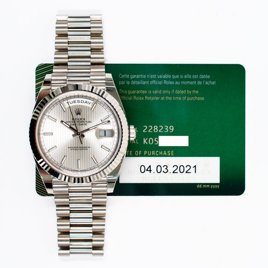 Rolex Day-Date 40mm Silver Stripes Dial 228239 (2021)