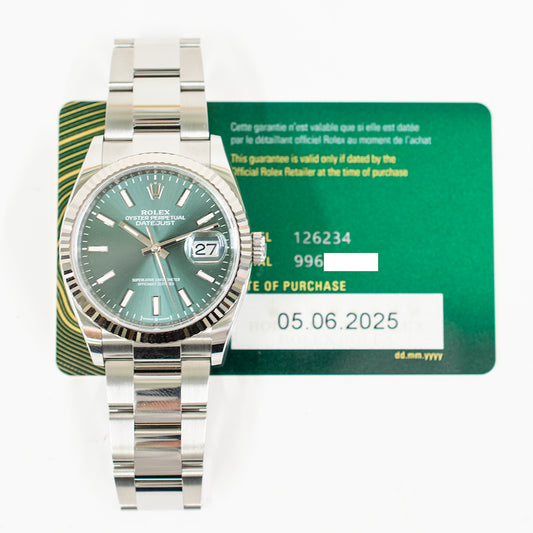 Rolex Datejust 36mm Mint Green Dial 126234 (2025)