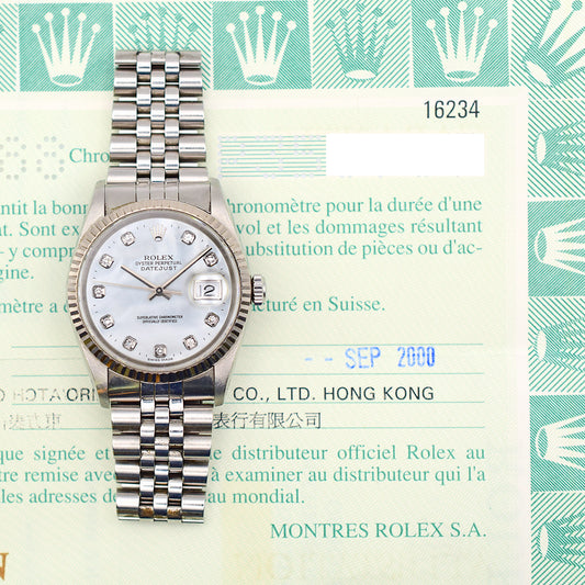 Rolex Datejust 36mm White Mop Diamond Dial 16234 (2000)