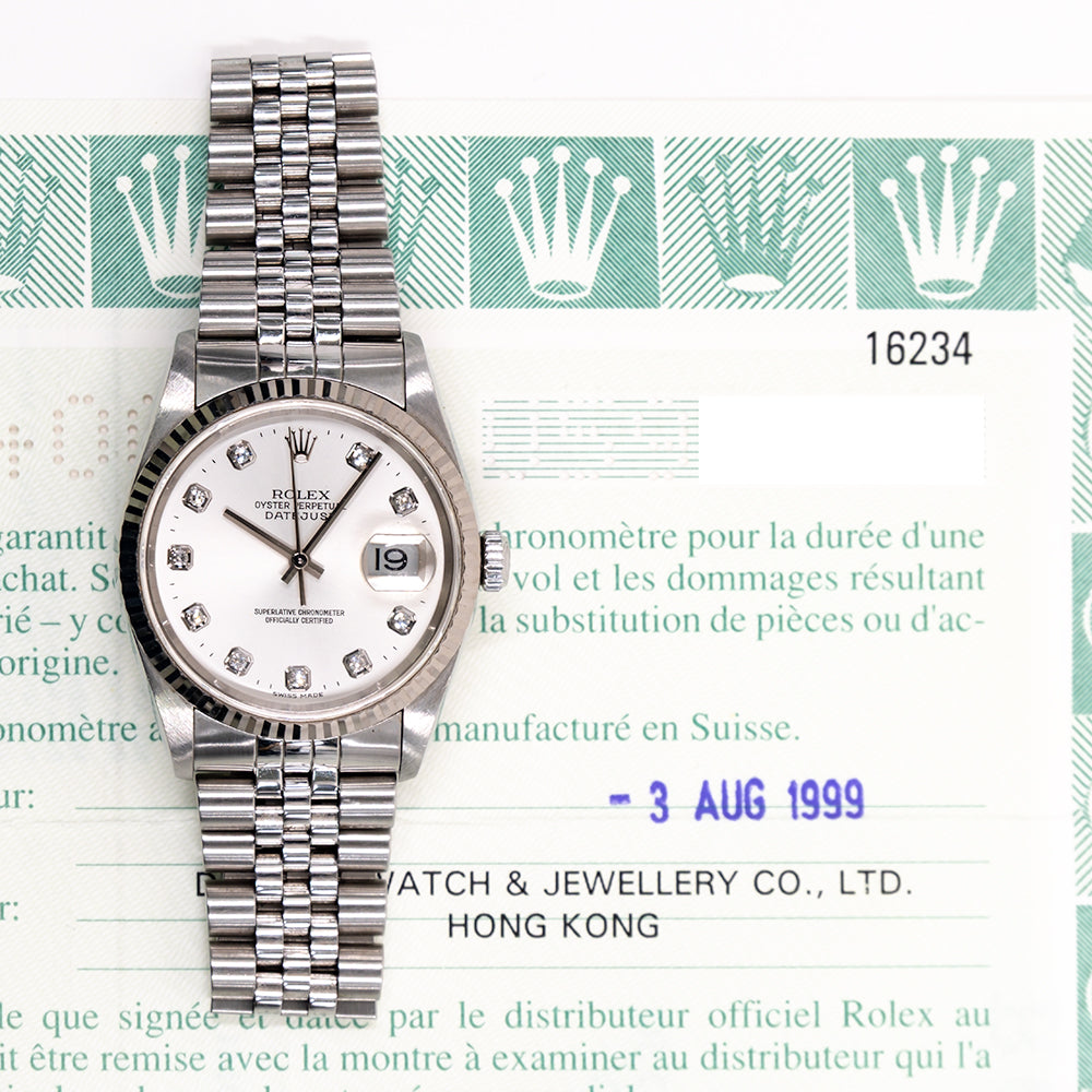 Rolex Datejust 36mm Silver Diamond 16234G (1999)