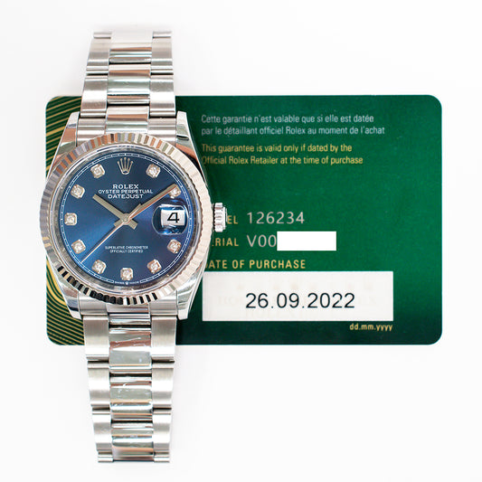 Rolex Datejust 36mm Blue Diamond Dial 126234G (2022)