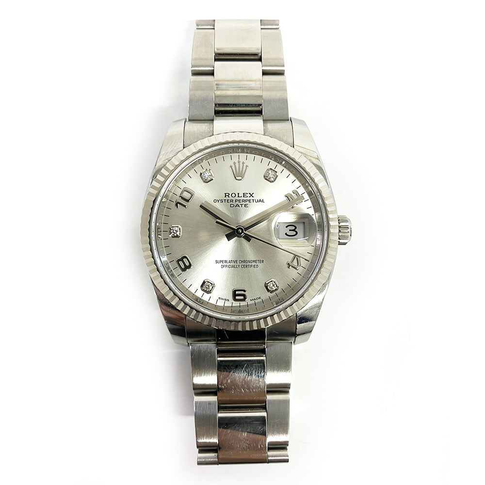 Rolex Oyster Perpetual Date Silver Diamond Arabic Dial 115234