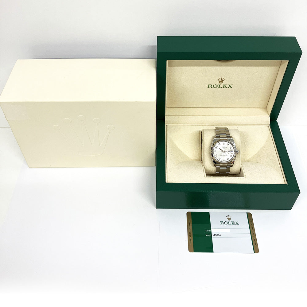 Rolex Oyster Perpetual Date Silver Diamond Arabic Dial 115234