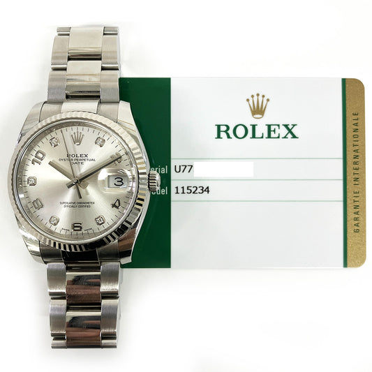 Rolex Oyster Perpetual Date Silver Diamond Arabic Dial 115234