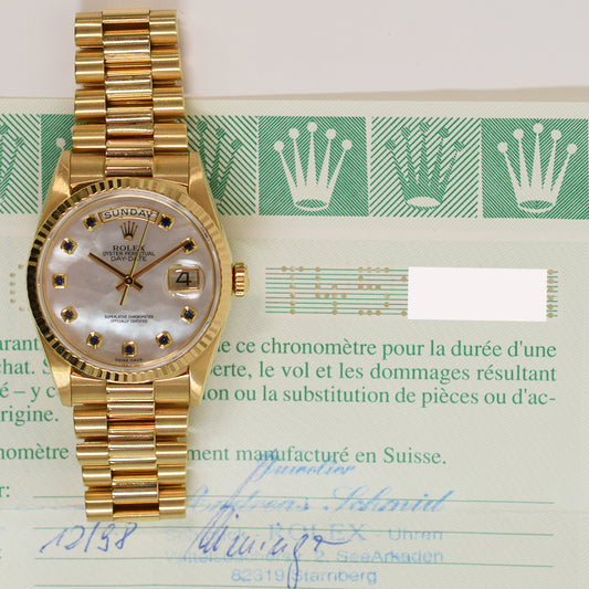 Rolex Day-Date 36mm White Mop Sapphire Dial 18238NGS (1998)