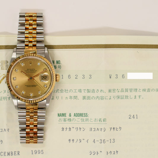 Rolex Datejust 36mm Champagne Diamond Dial 16233G (1995)