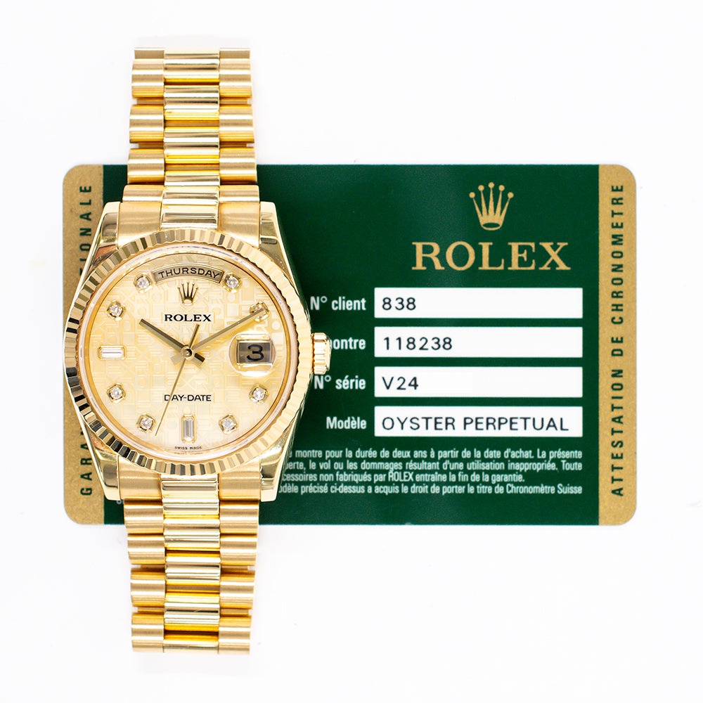 Rolex Day-Date 36mm Champagne Jubilee Diamond Dial 118238NCA