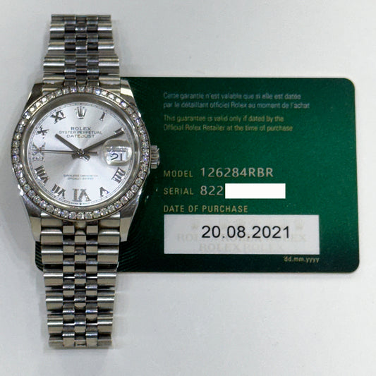 Rolex Datejust 36mm Silver "VI"&"IX" Diamond Dial 126284RBR (2021)