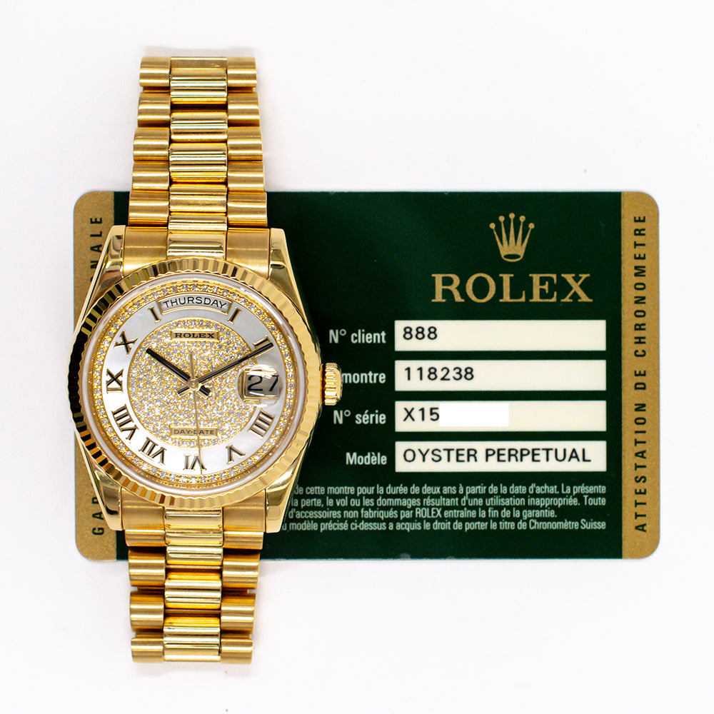 Rolex Day-Date 36mm Pave Diamond Roman Dial 118238NRZ (2013)