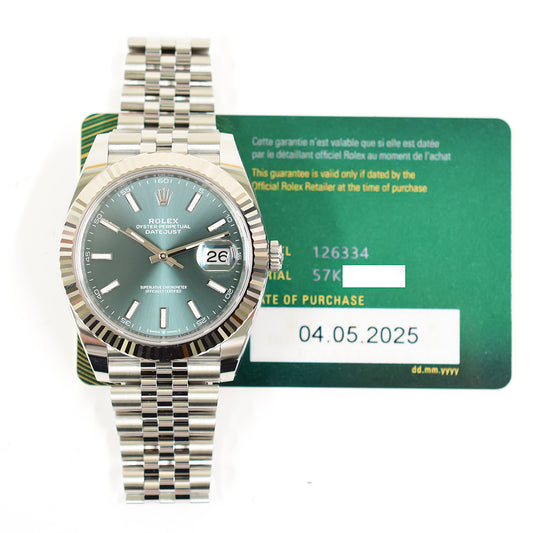 Rolex Datejust 41mm Mint Green Dial Jubilee 126334 (2025)