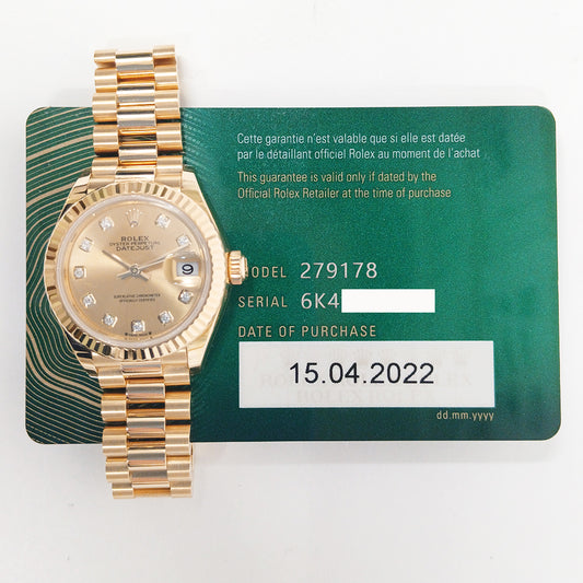 Rolex Datejust 28mm Champagne Diamond Dial 279178G (2022)