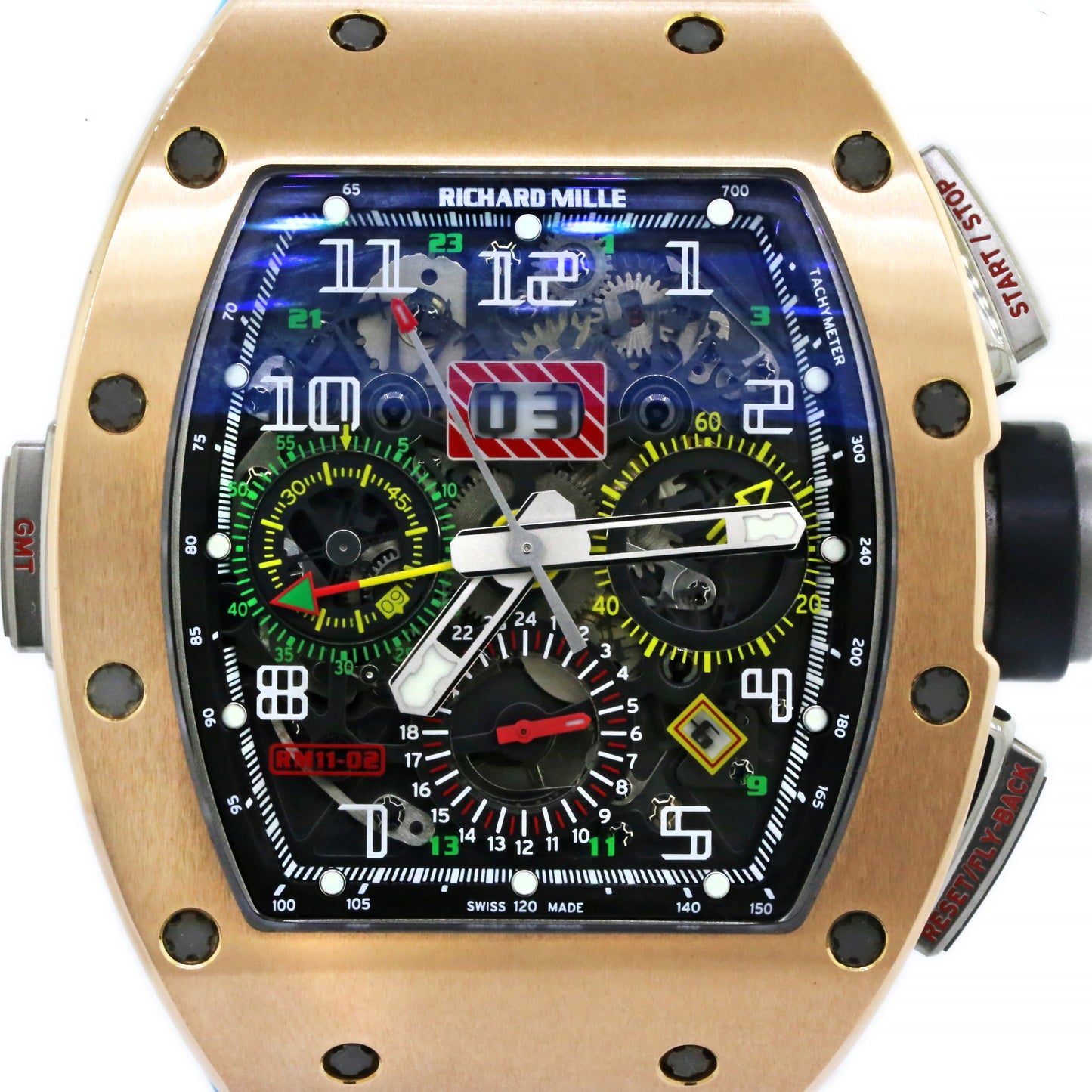 Richard Mille RM 11-02 Flyback Chronograph Dual Time Zone GMT Rose Gold Titanium Rubber Automatic Mens Watch